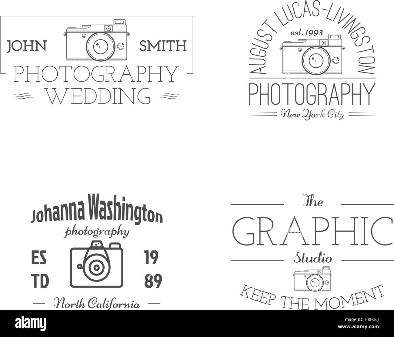 Vintage Fotografie Studio Abzeichen, Etiketten. Monochrome Design mit alten Kameras und Elemente. Retro-Stil für Fotostudio, Fotograf, Ausrüstung Shop. Zeichen, Logos. Fotograf Studio. Vektor. Stock Vektor