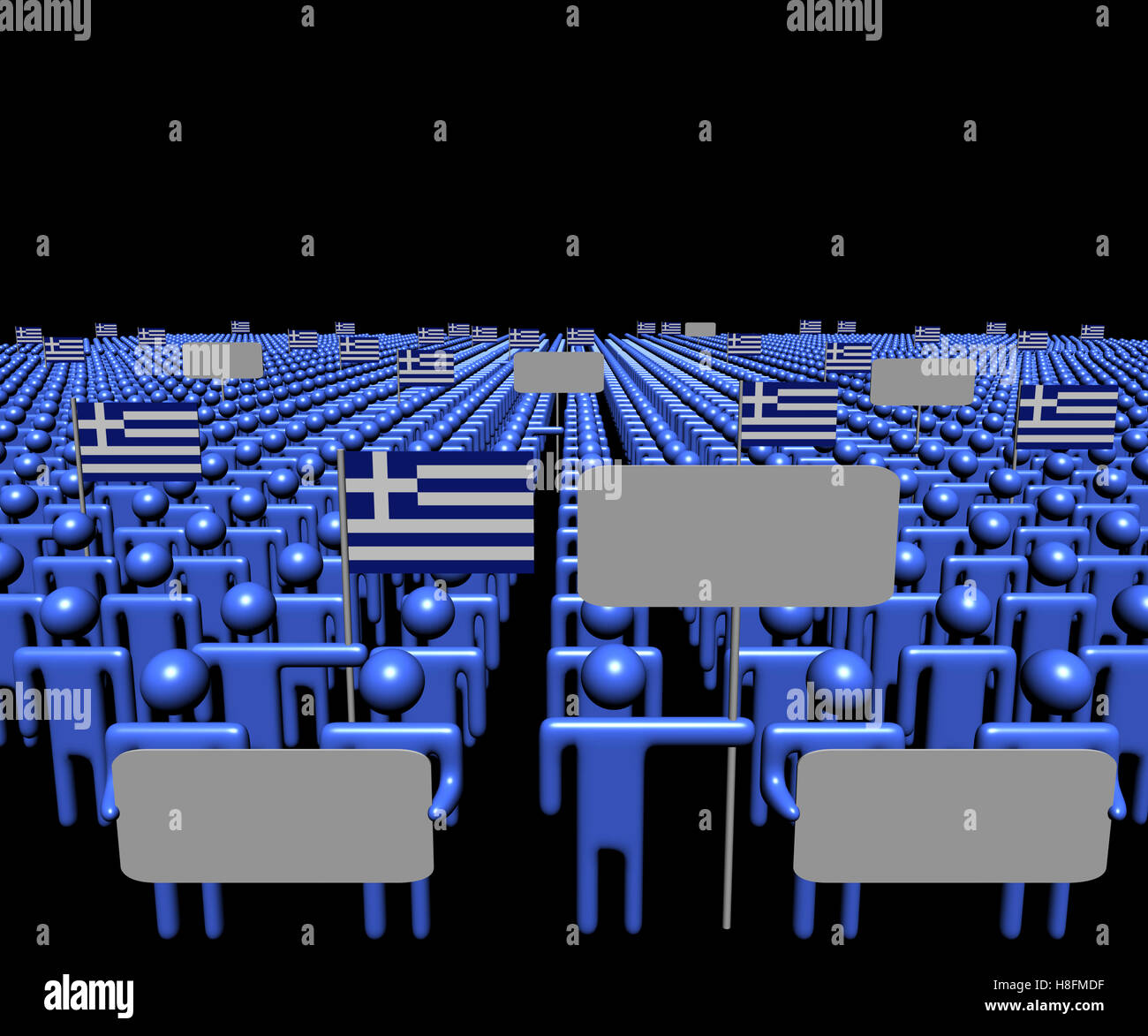 Masse der Leute mit Zeichen und griechische Fahnen illustration Stockfoto