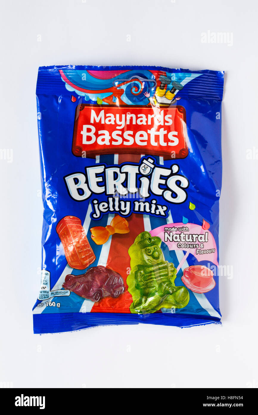 Beutel der Maynards Bassetts Berties jelly mix Bonbons auf weißem Hintergrund Stockfoto