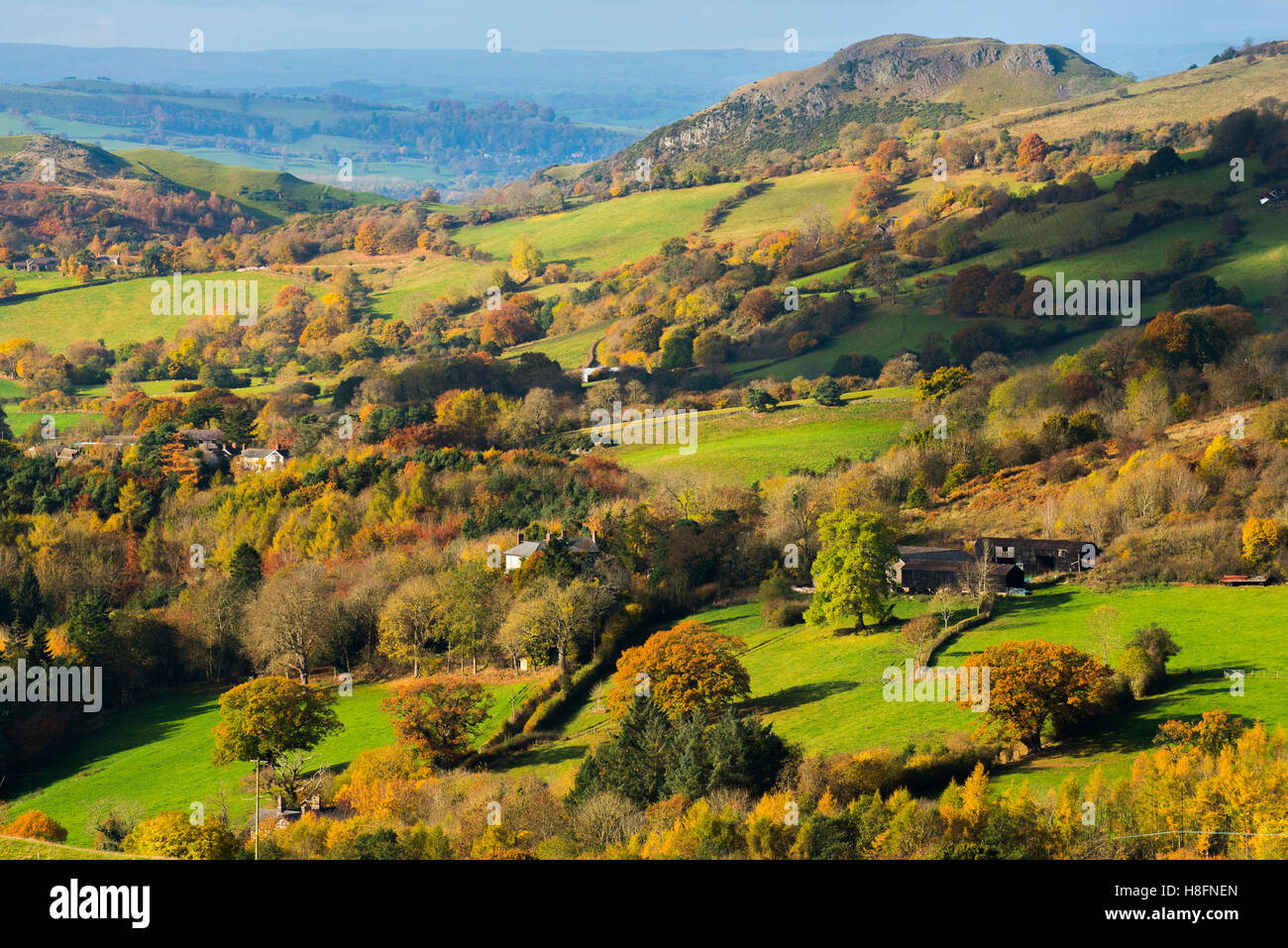 Walisische Landschaft im Herbst mit Roundton Hügel in der Ferne, Powys. Stockfoto