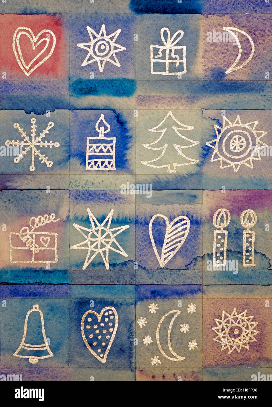 Aquarell von Heidrun Füssenhäuser, Weihnachten-Symbole, Tanne Star, Teelichtern, Geschenke und kleine Herzen. Stockfoto