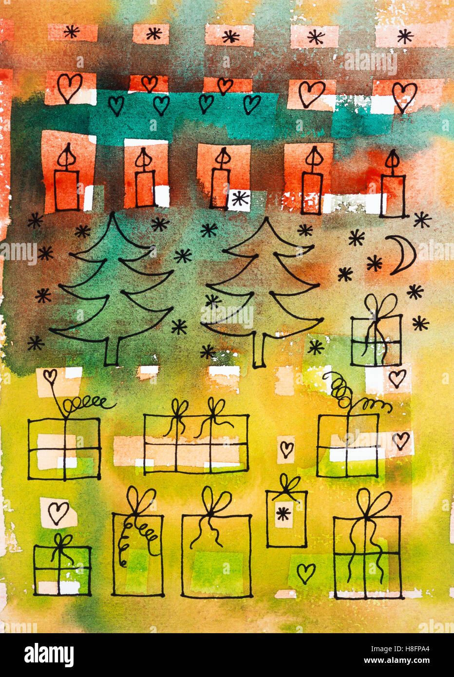 Aquarell von Heidrun Füssenhäuser, Weihnachten im Wald, Symbole für Weihnachten, Kerzen, Bäume, präsentiert. Stockfoto