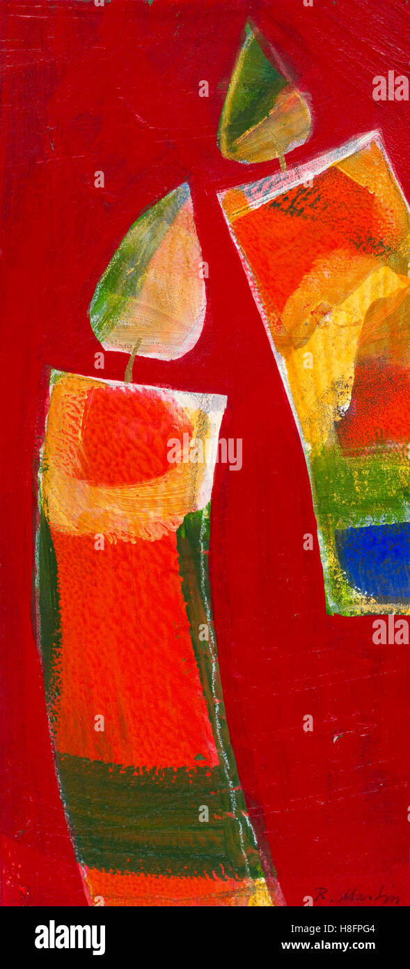 Kunst, Malerei von Regine Martin, gemischt, Technik, zwei farbige Kerzen, Flamme, Glückwünsche, Freude Stockfoto
