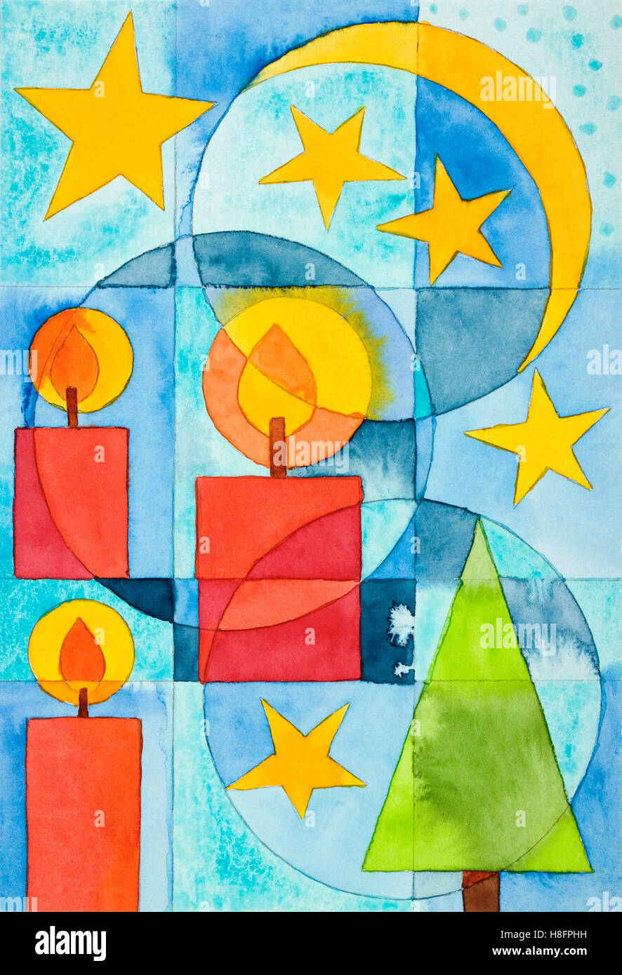 Aquarell von Heidrun Füssenhäuser, 08-1 Weihnachten Motiv, Kerzen, Mond, Sterne, Tanne Stockfoto