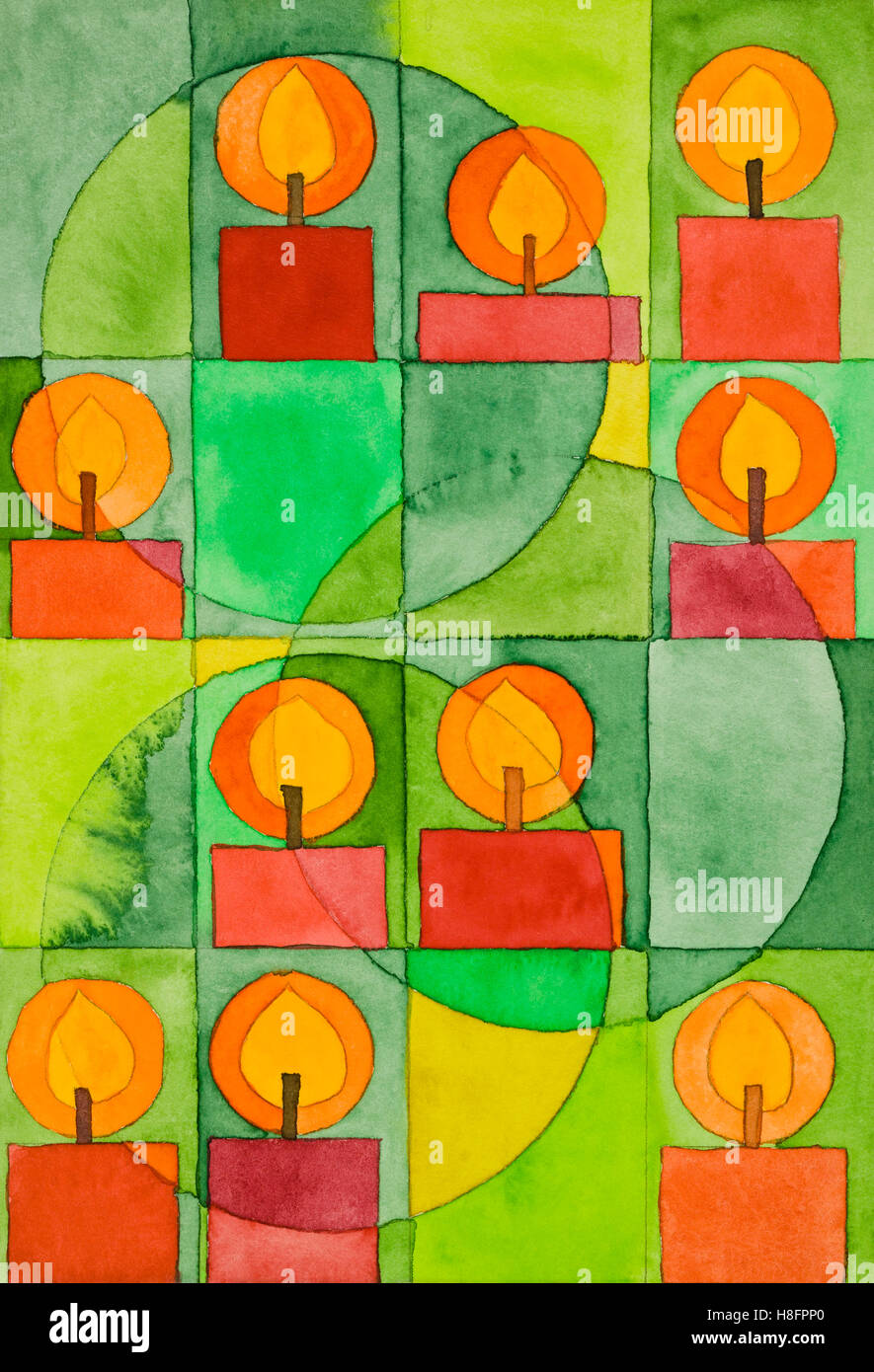 Aquarell von Heidrun Füssenhäuser, brennende Kerzen Stockfoto