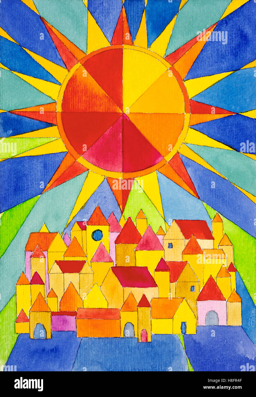 Aquarell von Heidrun Füssenhäuser, große helle Stern über der Stadt, Häuser, rot, gelb, blau Stockfoto