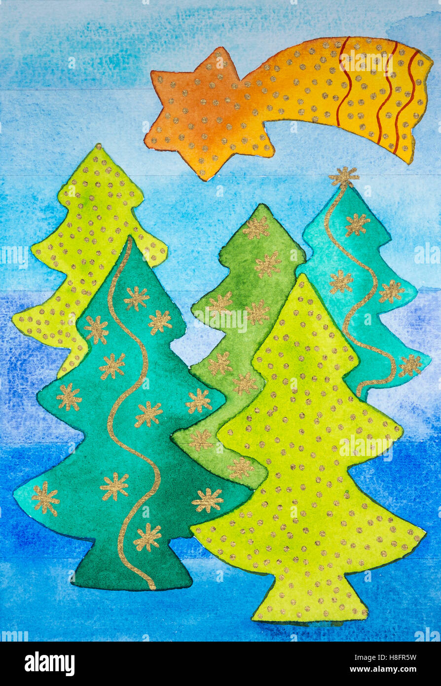 Aquarell von Heidrun Füssenhäuser, Stern von Bethlehem zeigt den Weg, Symbole für Weihnachten, Tannen und Sternen. Stockfoto