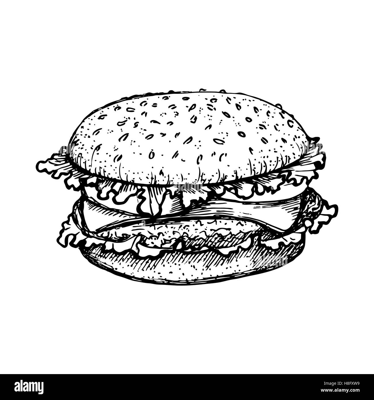 Skizzieren Sie Hamburger oder Burger-Vektor-Logo-Design-Vorlage. Fastfood oder Restaurant-Symbol. Handgezeichnete Essen Abbildung. Stock Vektor