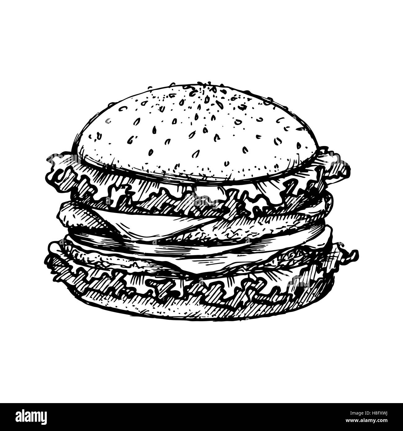 Skizzieren Sie Hamburger oder Burger-Vektor-Logo-Design-Vorlage. Fastfood oder Restaurant-Symbol. Handgezeichnete Essen Abbildung. Stock Vektor