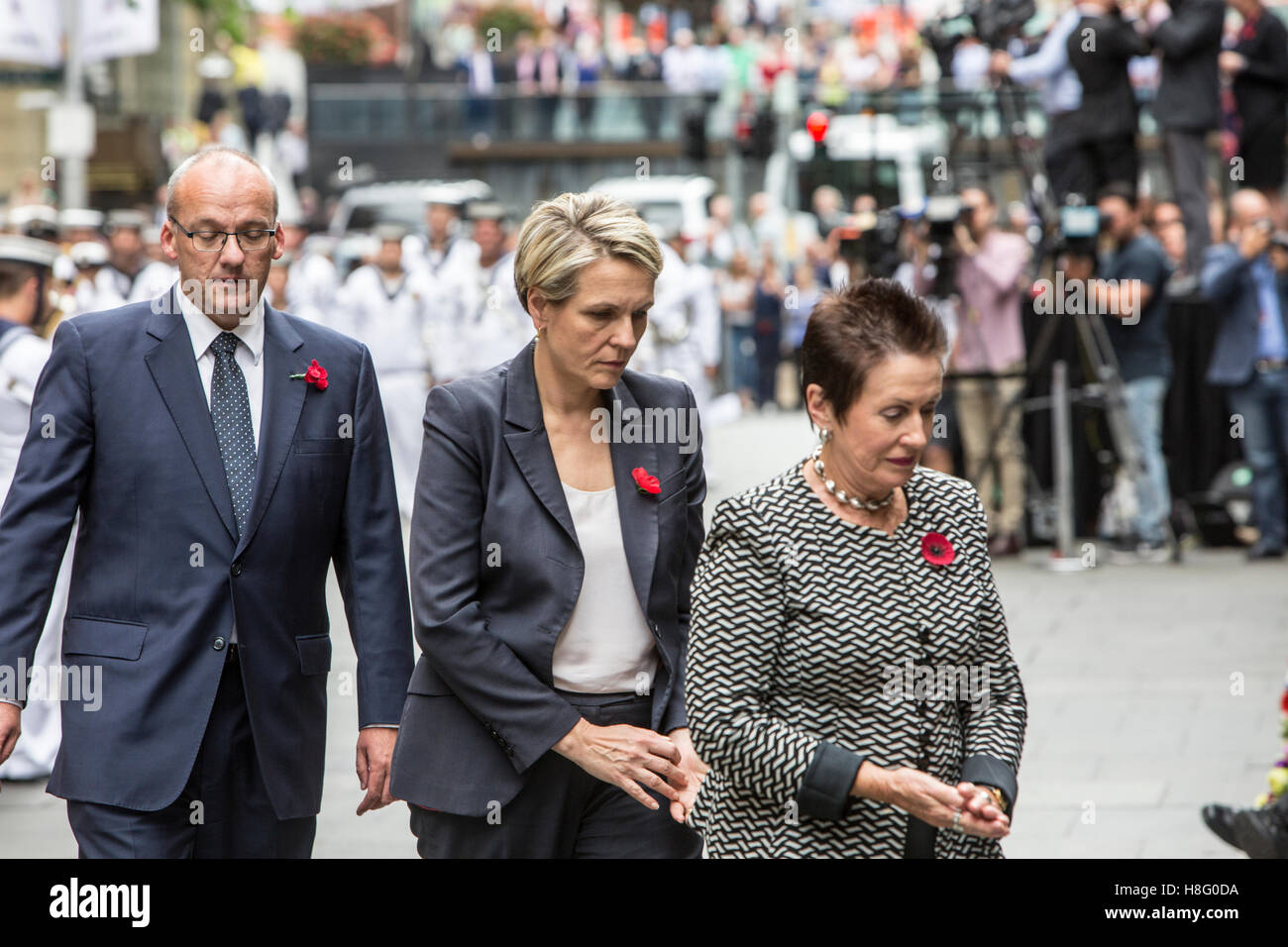 L-R Luke Foley Führer der NSW labour-Partei, Tanya Plibersek Bundesministerium Arbeit stellvertretender Vorsitzender und Oberbürgermeister Sydney Clover Moore Stockfoto