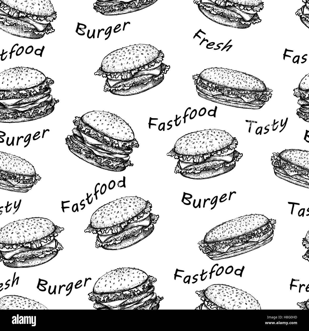 Skizzieren Sie Hamburger oder Burger Vektor Musterdesign. Fast-Food Restaurant Hintergrund. Handgezeichnete Illustrationen für Tapeten. Stock Vektor