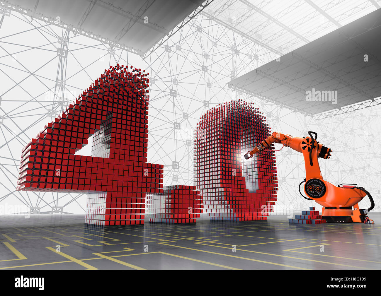 Industrie 4.0, 3D-Ziffer 4.0 mit Industrieroboter in Halle mit Netzwerk im Hintergrund grau-gelben Stock Stockfoto