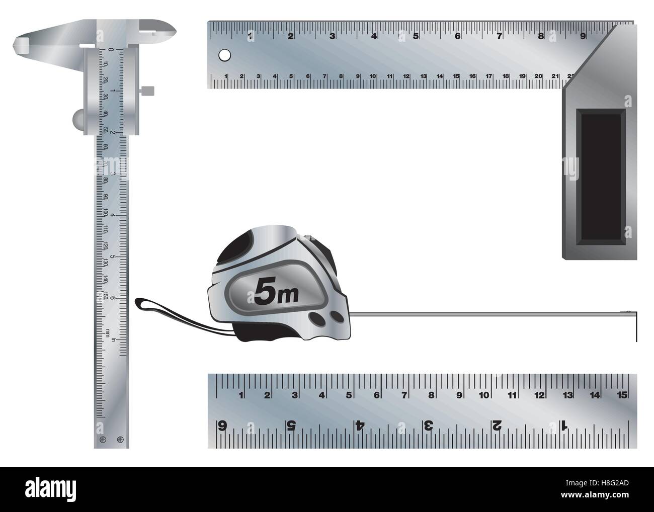 Winkel, Vernier, Bremssattel, Lineal, Klebeband, Maßnahme, Instrument, isoliert, Vektor, Skala, Zähler, Objekt, Technologie, Metall, Anlagen, Stahl Stock Vektor