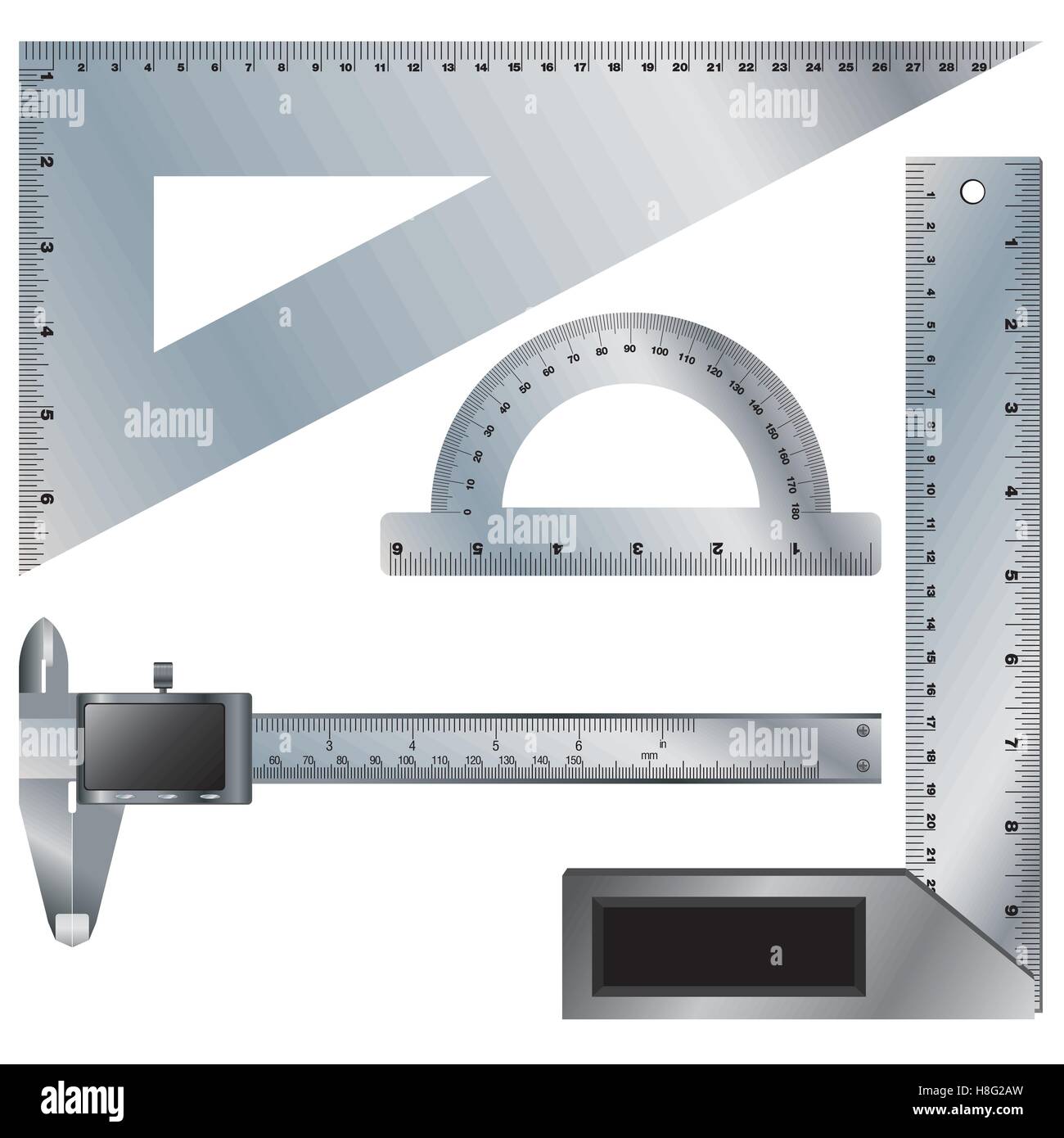Bremssattel, Vernier, Vektor, Skala, Messgerät, Lineal, Objekt, Technologie, Metall, Ausrüstung, isoliert, Stahl, Werkzeug, Instrument, Ingenieur Stock Vektor