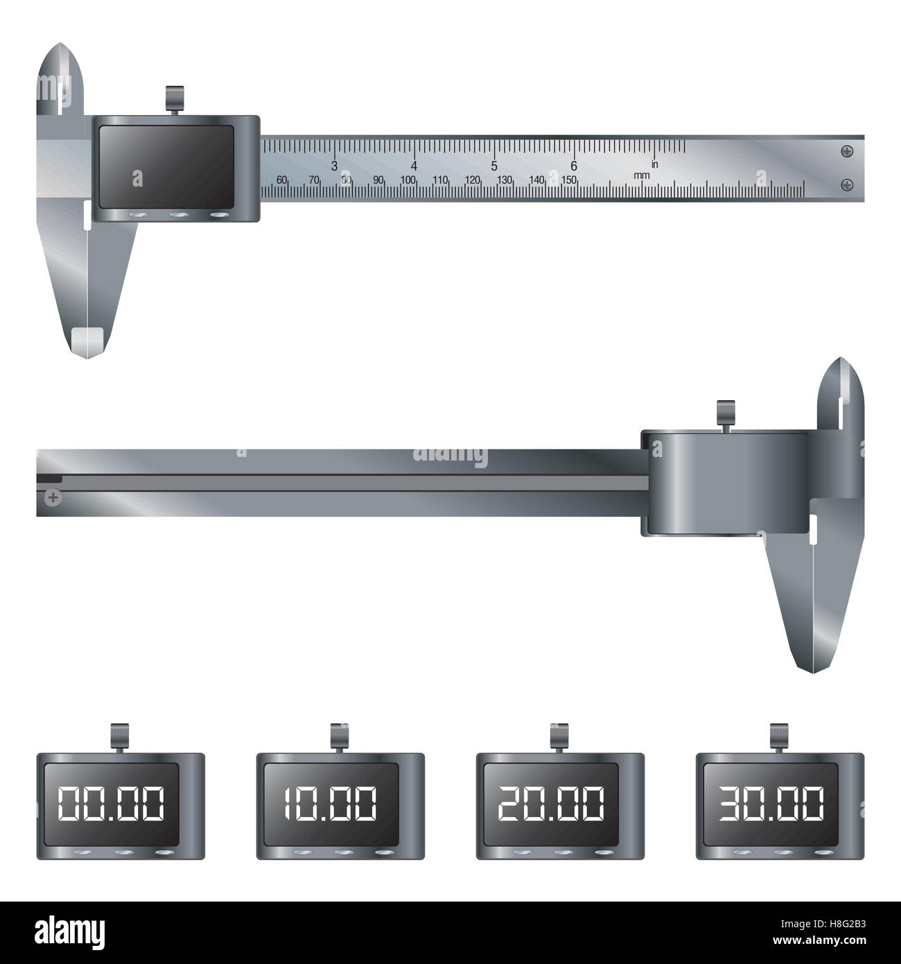 Bremssattel, Vernier, Vektor, Skala, Messgerät, weißer Hintergrund, Objekt, Technologie, Metall, Ausrüstung, isoliert, Stahl, Werkzeug Stock Vektor