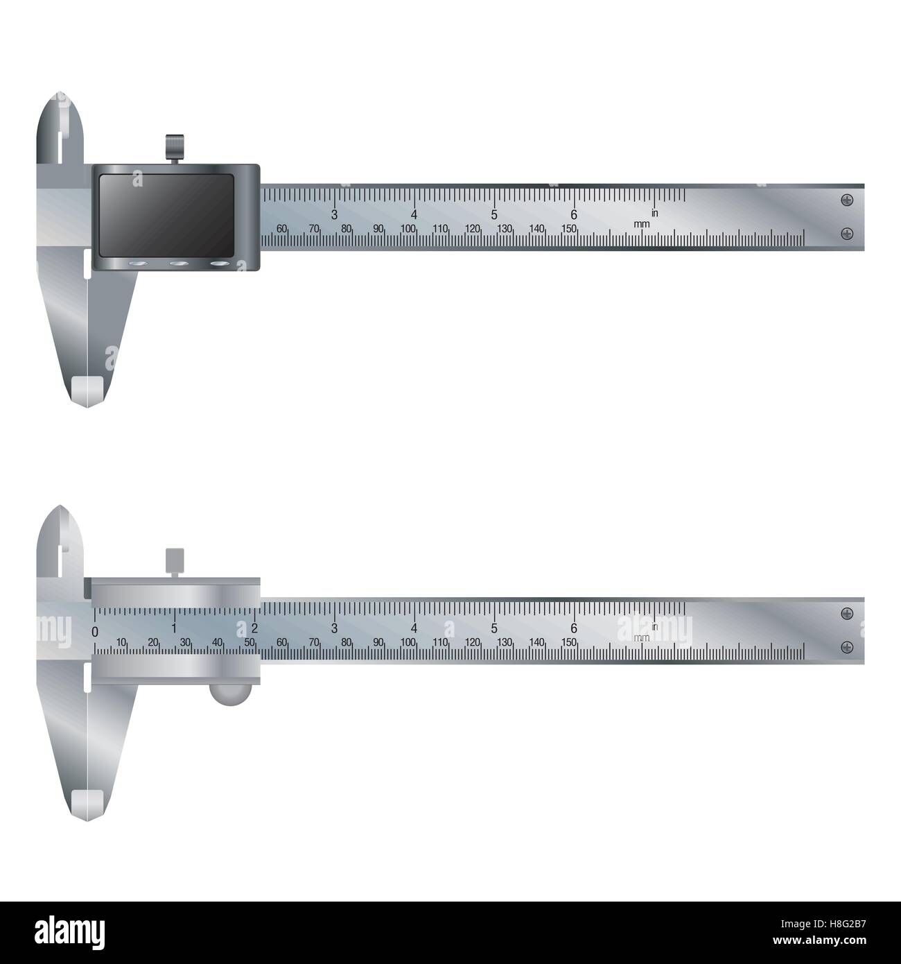 Bremssattel, Vernier, Vektor, Skala, Messgerät, weißer Hintergrund, Objekt, Technologie, Metall, Ausrüstung, isoliert, Stahl, Werkzeug Stock Vektor