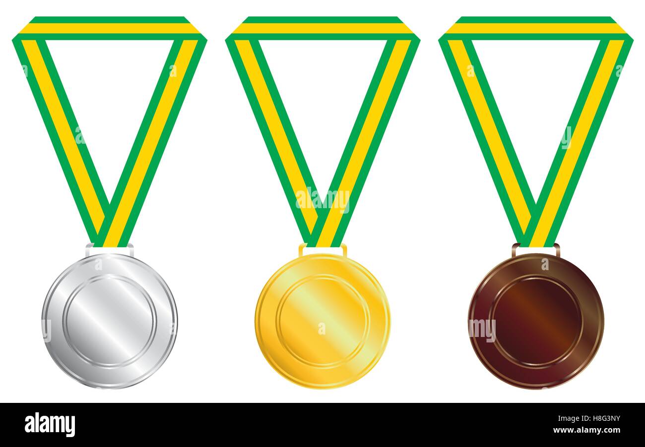 Medaille, Gold, Silber, Bronze, Symbol, First, Vektor, metal, Band, sport, isoliert, Illustration, weißer Hintergrund, Ort, flach Stock Vektor