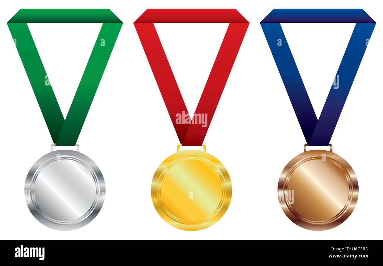 Medaille, Gold, Silber, Bronze, Symbol, First, Vektor, metal, Band, sport, isoliert, Illustration, weißer Hintergrund, Ort, flach Stock Vektor