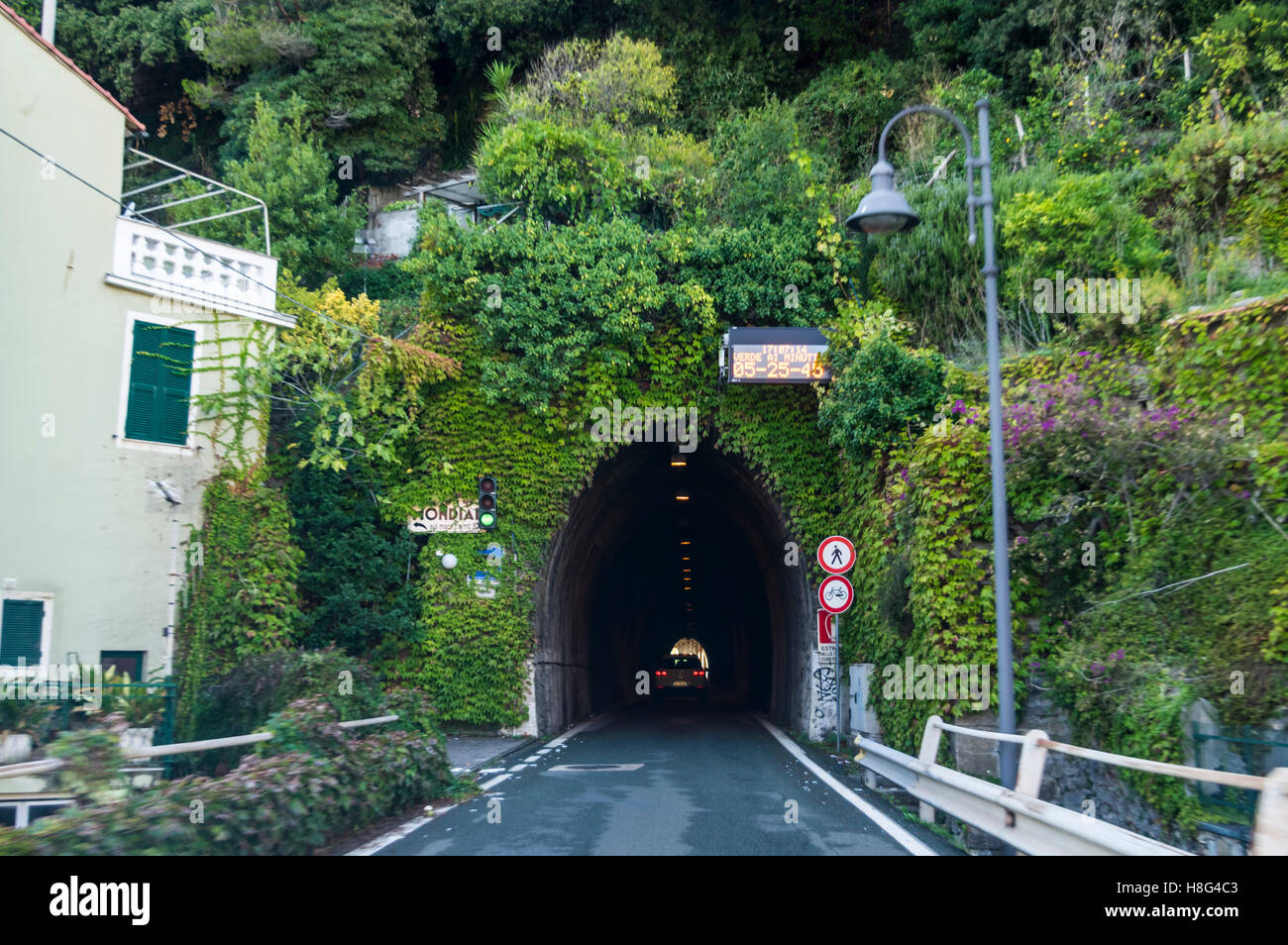 Vegetation bedeckten Portal eine einspurige Straße Tunnel in Moneglia, Ligurien, Italien. Teil der "Strada Delle Gallerie" Straße. Stockfoto