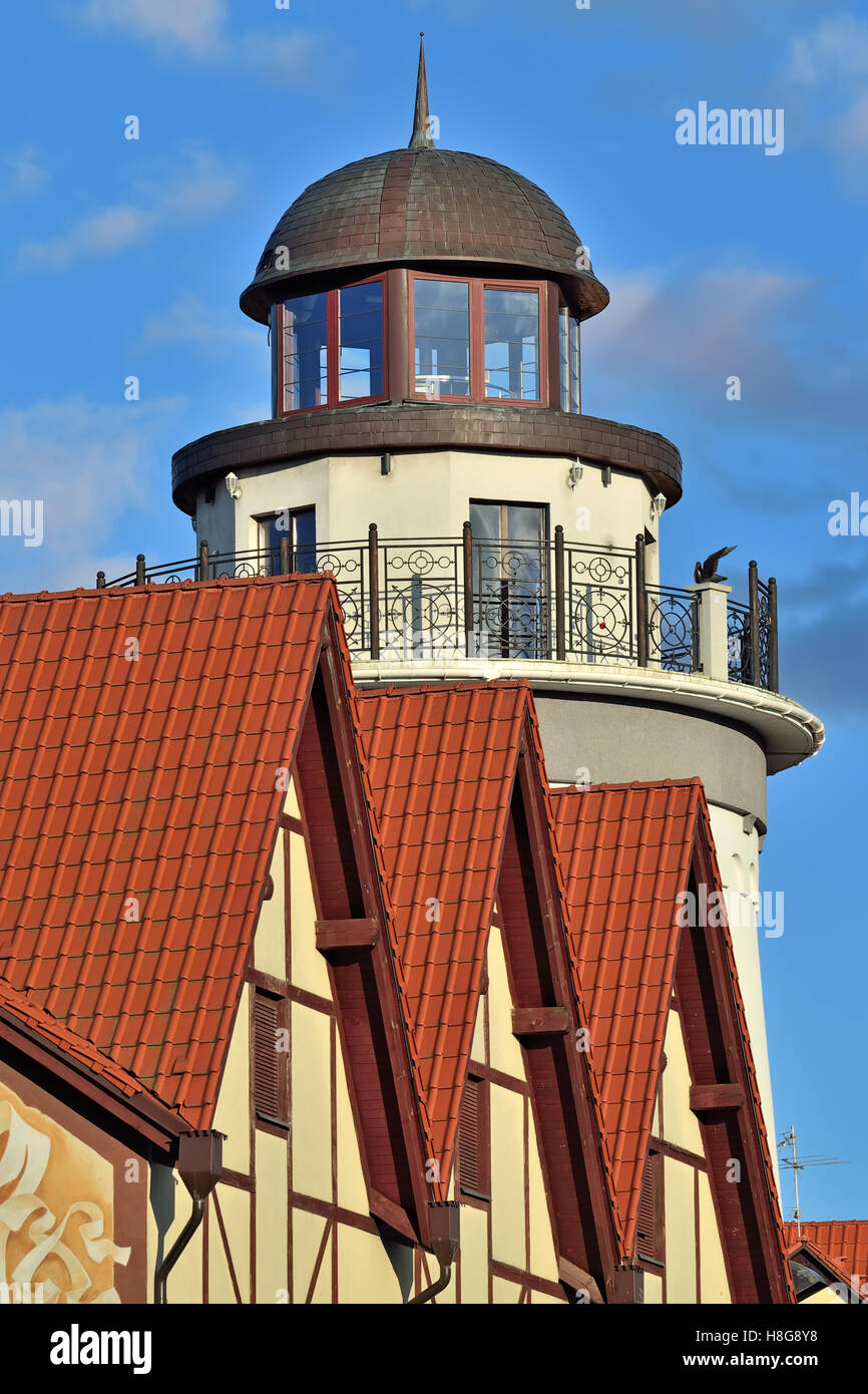 Leuchtturm im Fischerdorf. Kaliningrad, ehemals Königsberg, Russland Stockfoto