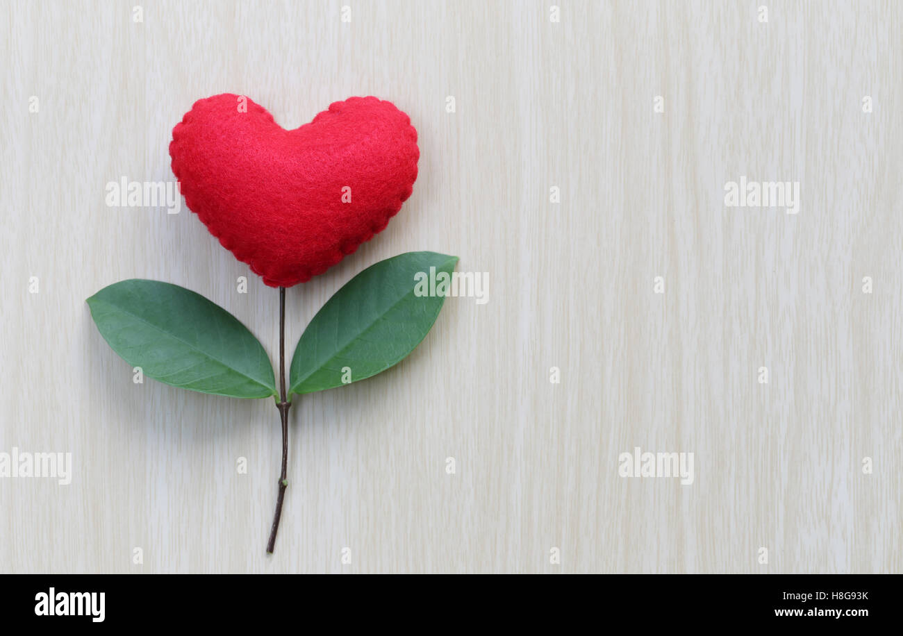 Rotes Herz, platziert auf einem Holztisch in Verbindung mit Äste eines Baumes und haben grüne Blätter, Konzept der Liebe Empathie kümmern und Stockfoto