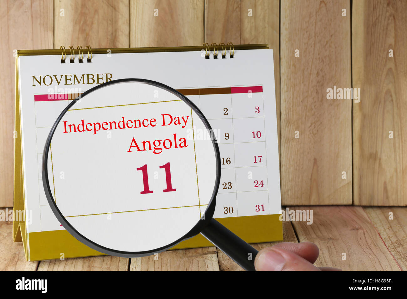 Lupe in der Hand im Kalender sehen Sie Independence Day von Angola in 11 November Konzept einer Öffentlichkeitsarbeit campai Stockfoto