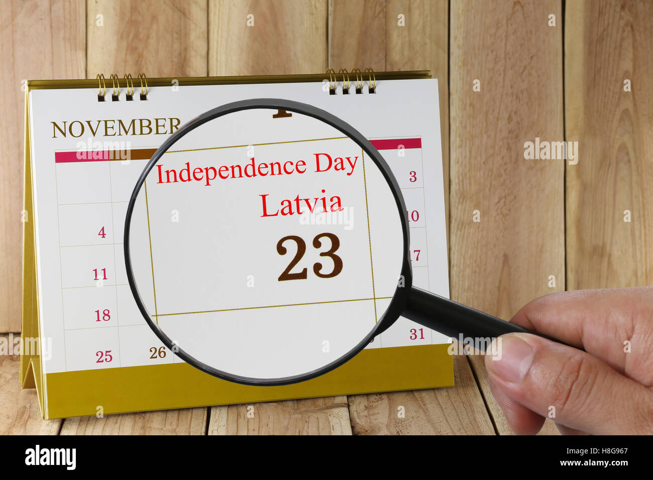 Lupe in der Hand im Kalender sehen Sie Unabhängigkeitstag Lettland 23. November Konzept einer PR-Kampagne. Stockfoto