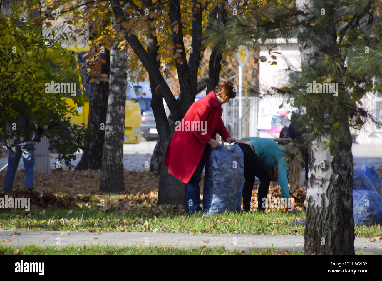 Slawjansk-Na-Kubani, Russland-9. September 2016: die Arbeiter der Gemeinde sammeln Blätter im Park. Frauen-Sozialarbeiter Stockfoto