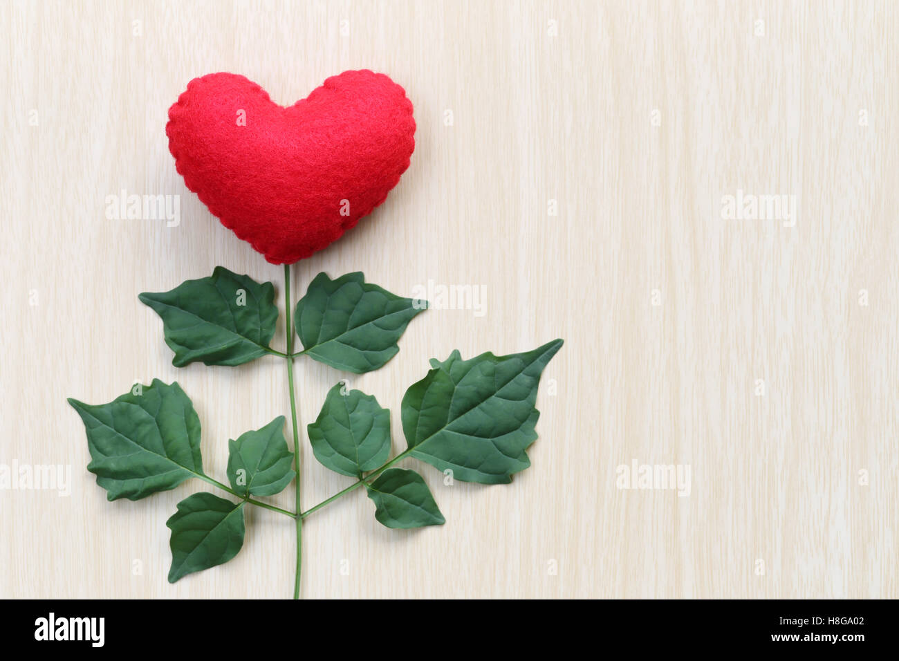Rotes Herz, platziert auf einem Holztisch in Verbindung mit Äste eines Baumes und haben grüne Blätter, Konzept der Liebe Empathie kümmern und Stockfoto