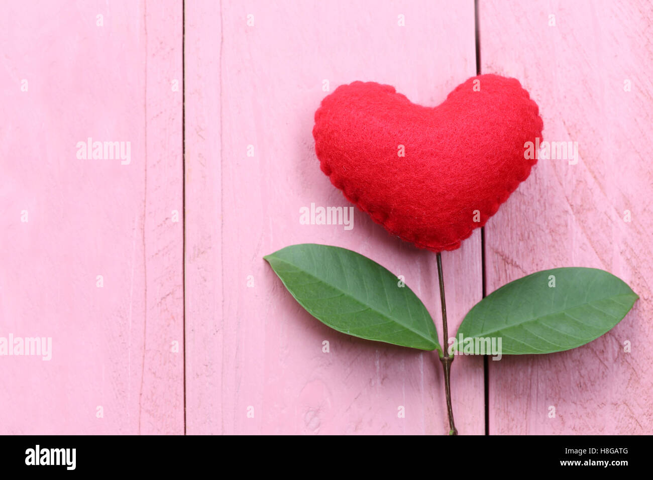 Rotes Herz auf rosa Holztisch mit Äste eines Baumes zu verbinden und haben grüne Blätter gelegt, Konzept der Liebe Einfühlungsvermögen kümmern sich um eine Stockfoto