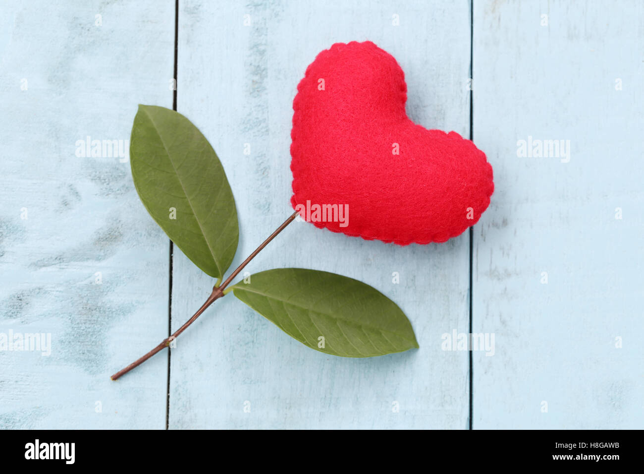 Rotes Herz auf blau Holztisch mit Äste eines Baumes zu verbinden und haben grüne Blätter gelegt, Konzept der Liebe Einfühlungsvermögen kümmern sich um eine Stockfoto