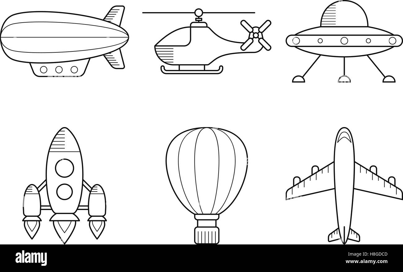 Symbolsatz aero Fahrzeuge. Hubschrauber Flugzeug UFO Luftschiff Aerostat Rakete. Linienart Stock Vektor