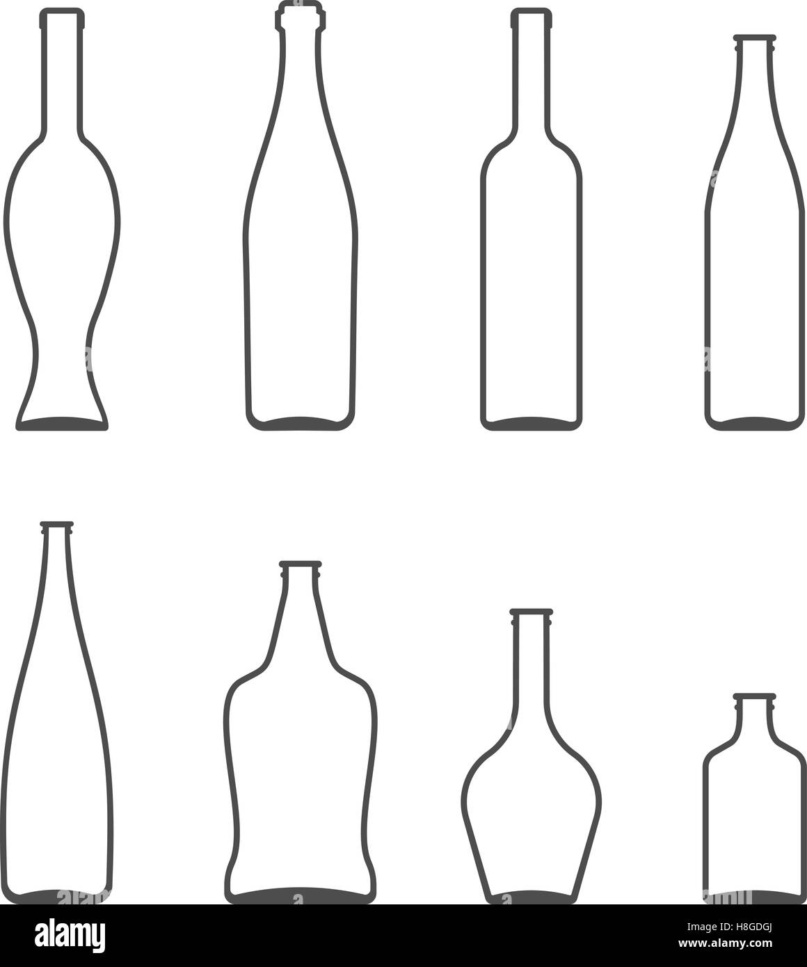 Satz von Glasflaschen-Vektor-Icons. Wein, Bier, Whisky, Likör, Champagner und andere Flaschen Silhouette oder symbol Stock Vektor