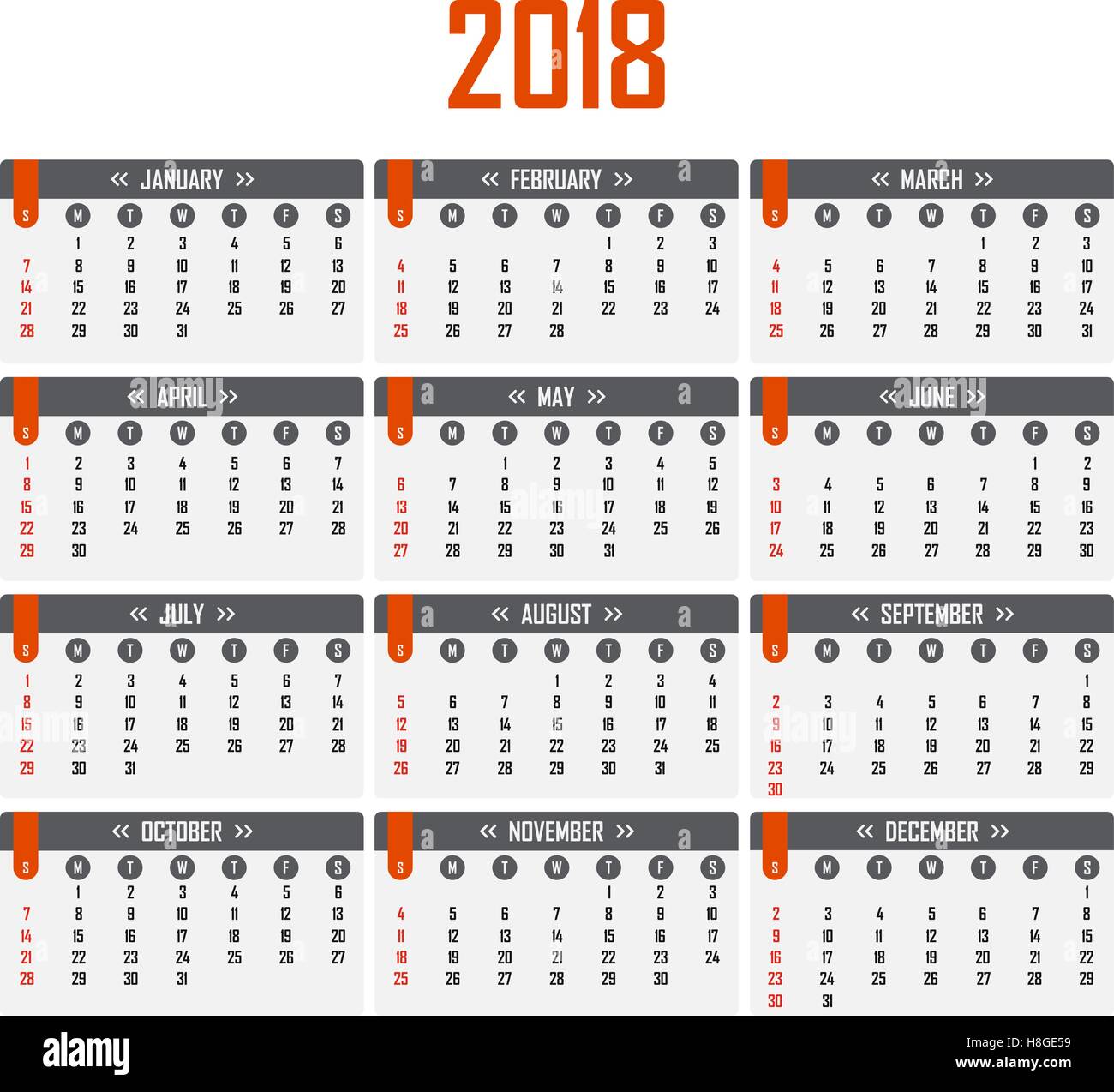 Kalender für das Jahr 2018. Woche beginnt am Sonntag Stock Vektor