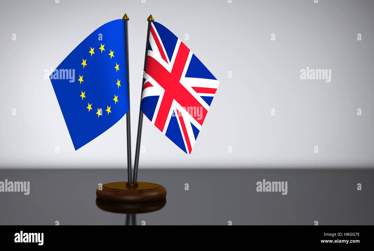 Union Jack UK Flagge und Europäische Union Schreibtisch Fahnen 3D Illustration. Stockfoto