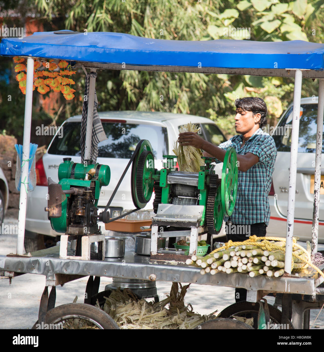 Benaulim, Goa, Indien. Samstag, 12. November 2016. Straßenhändler macht frischem Zuckerrohrsaft während des Festivals in Goa, Indien. Bildnachweis: WansfordPhoto/Alamy Live-Nachrichten Stockfoto