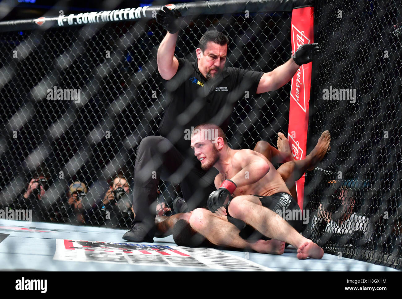 New York, USA. 12. November 2016. Khabib Nurmagomedov "Der Adler" (rote Handschuhe) vs. Michael "The Menace" Johnson (blaue Handschuhe) bei UFC 205 im Madison Square Garden. Bildnachweis: Jason Silva / Alamy Live News Stockfoto