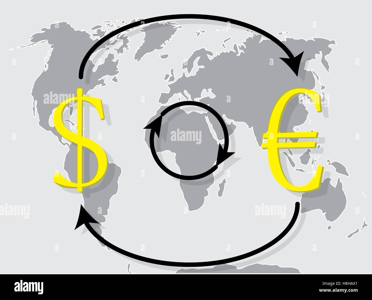 Geldwechsel Eurodollar auf Welt Kartenhintergrund. Geldwechsel, Devisen und Geld überweisen. Vektor-illustration Stockfoto