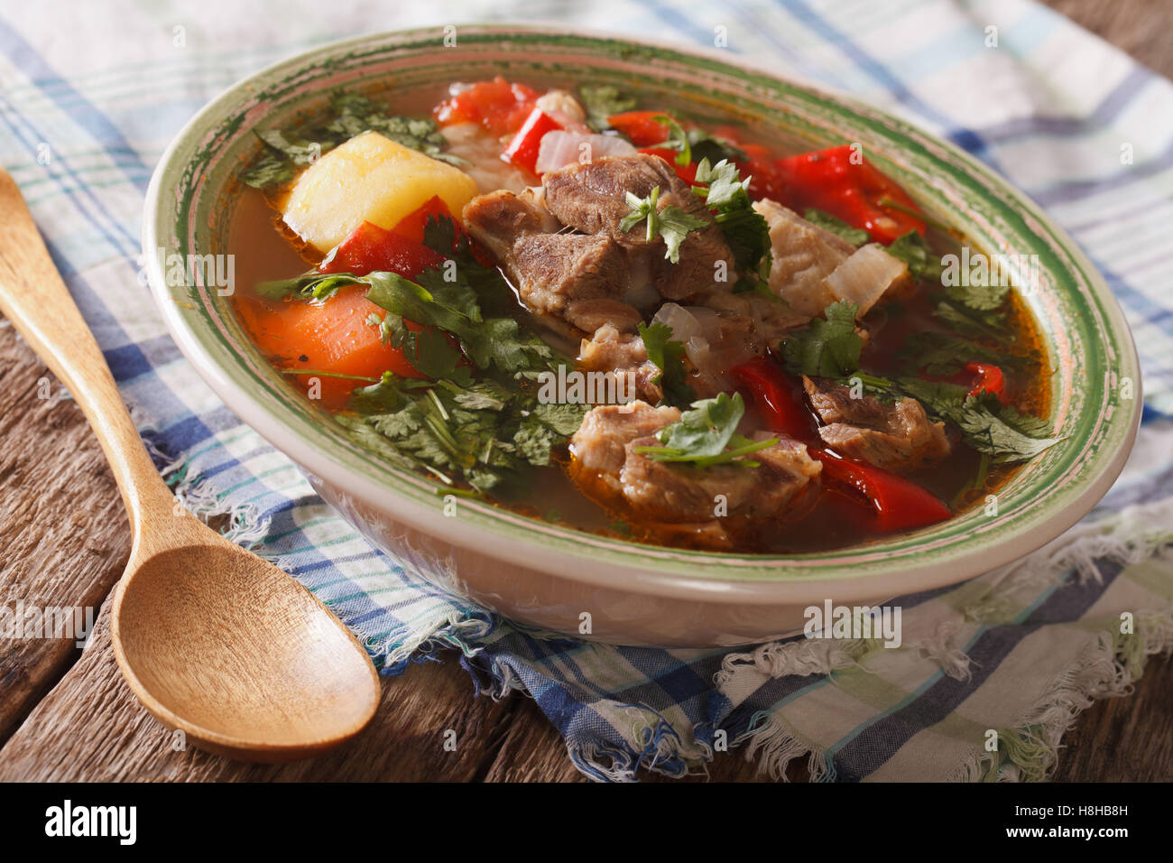 Lamm-Suppe mit Gemüse Closeup auf den Teller auf den Tisch. horizontale Stockfoto