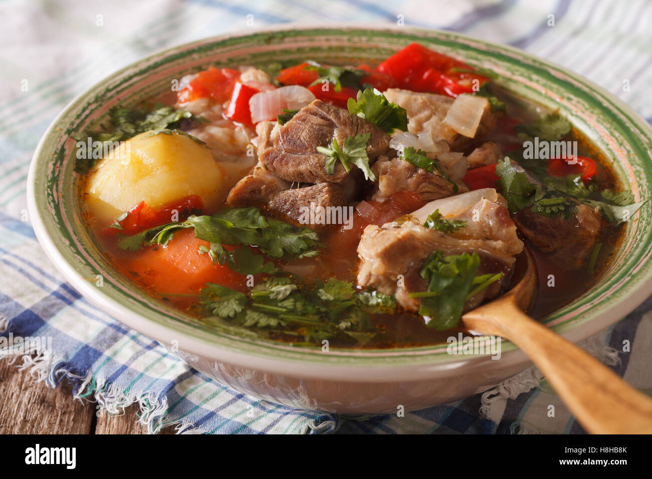 Hausgemachte Suppe vom Lamm mit Gemüse Closeup auf den Teller auf den Tisch. horizontale Stockfoto