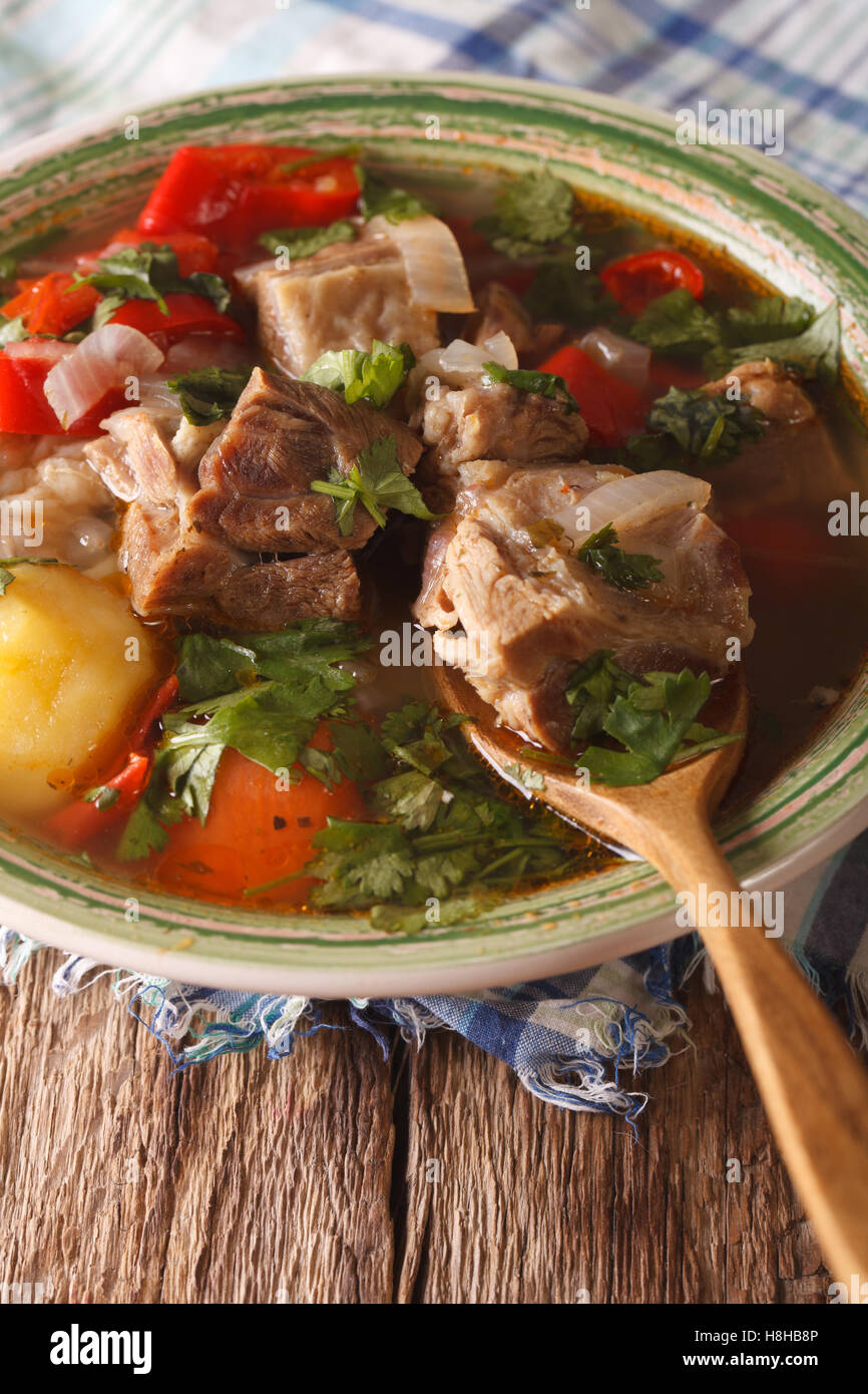 Shurpa-Lamm-Suppe mit Gemüse Closeup auf den Teller auf den Tisch. Vertikal Stockfoto