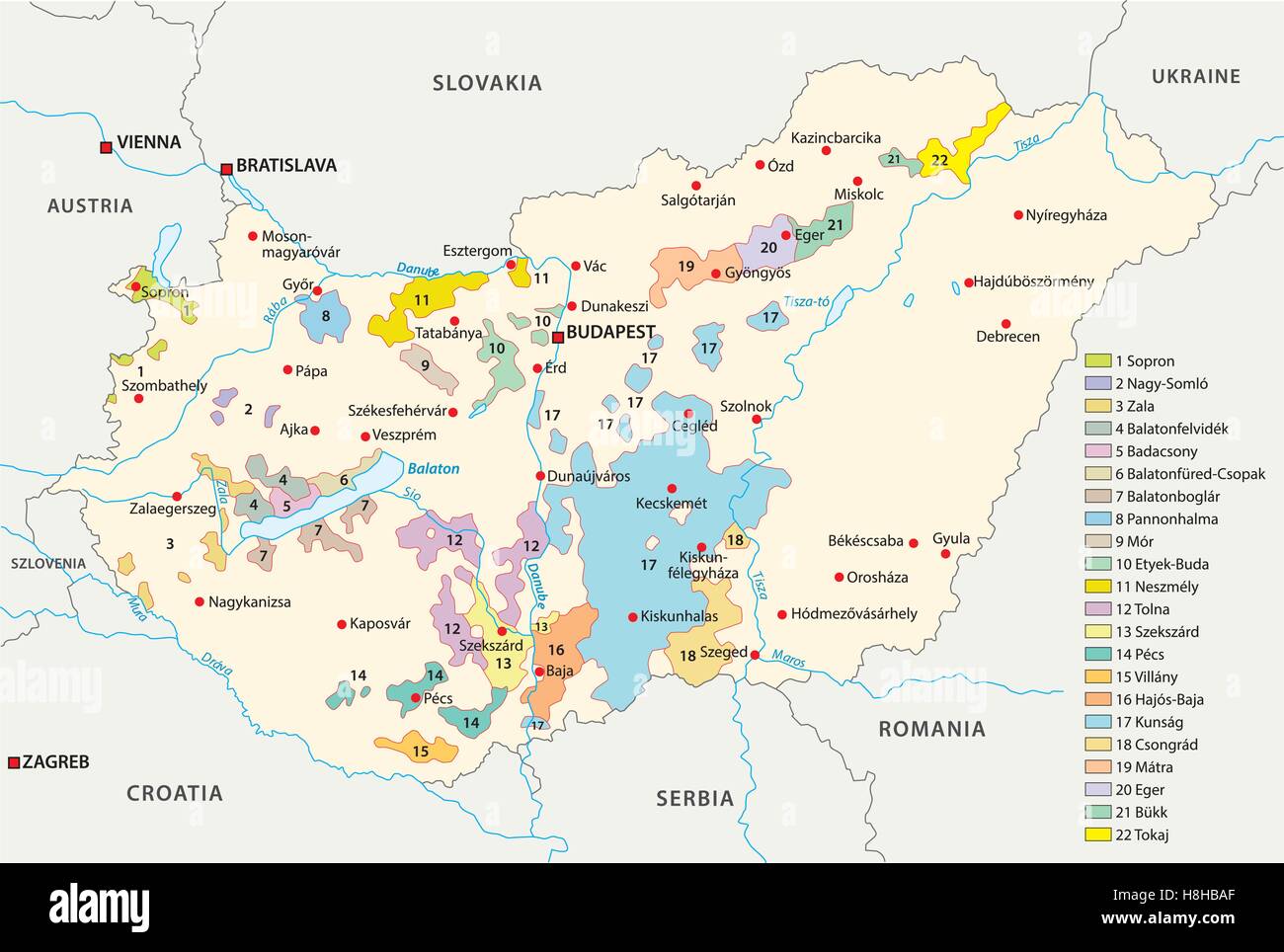 Ungarn Weingebiete Karte Stock Vektor
