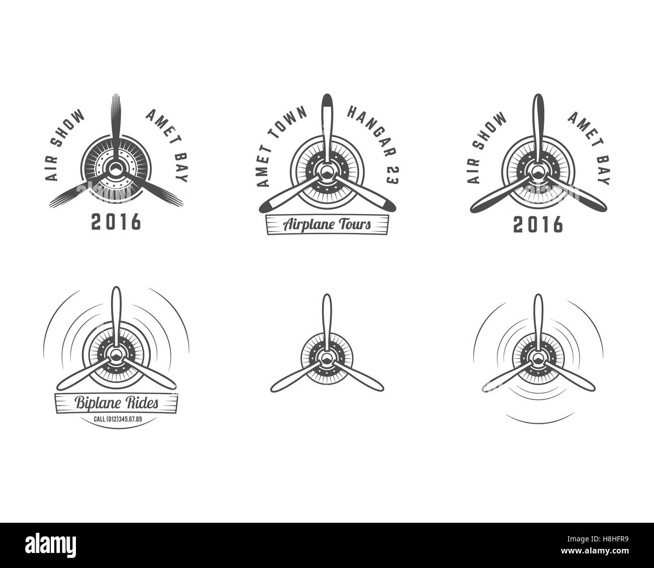 Satz von Vintage Flugzeug Propeller Embleme. Doppeldecker-Etiketten. Retro-Flugzeug-Abzeichen und Design-Elemente. Aviatik-Briefmarken-Kollektion. Airshow-Logo und Schriftzug. Alte Ikone, isoliert auf weißem Hintergrund Stockfoto