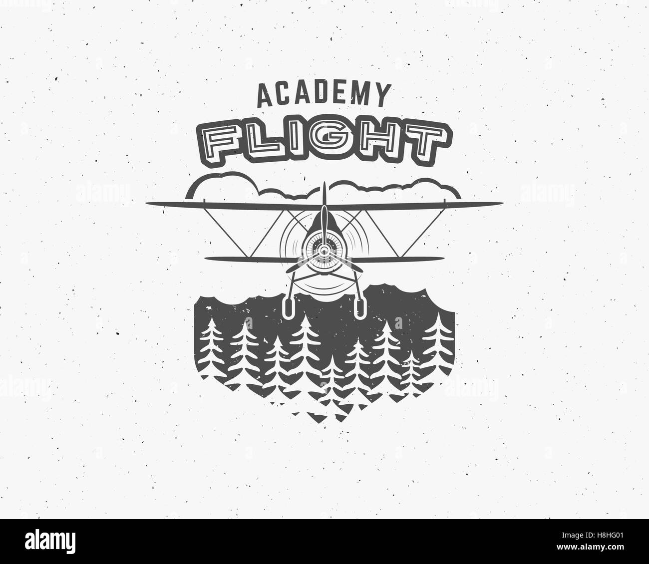 Vintage Flugzeug Emblem. Doppeldecker-Label. Retro-Flugzeug-Plakette, Design-Elemente. Luftfahrt-Stempel. Airshow-Logo und Schriftzug. Fliegen Sie, Propeller, Brille, alte Ikone, Patches isoliert. Abbildung Stockfoto