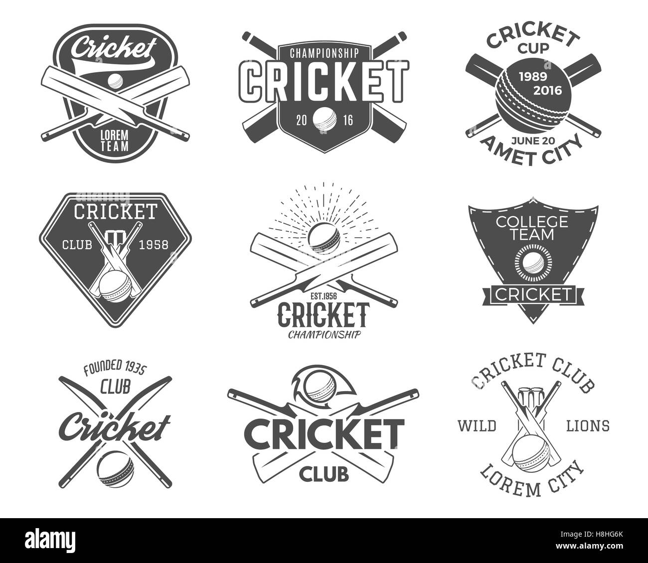 Satz von Cricket-Sport-Logo-Designs. Symbole. Embleme design-Elemente. Sport t-Shirt. Club-Abzeichen. Symbole mit Ausrüstung, Ausrüstung für Web- oder t-shirt Stockfoto