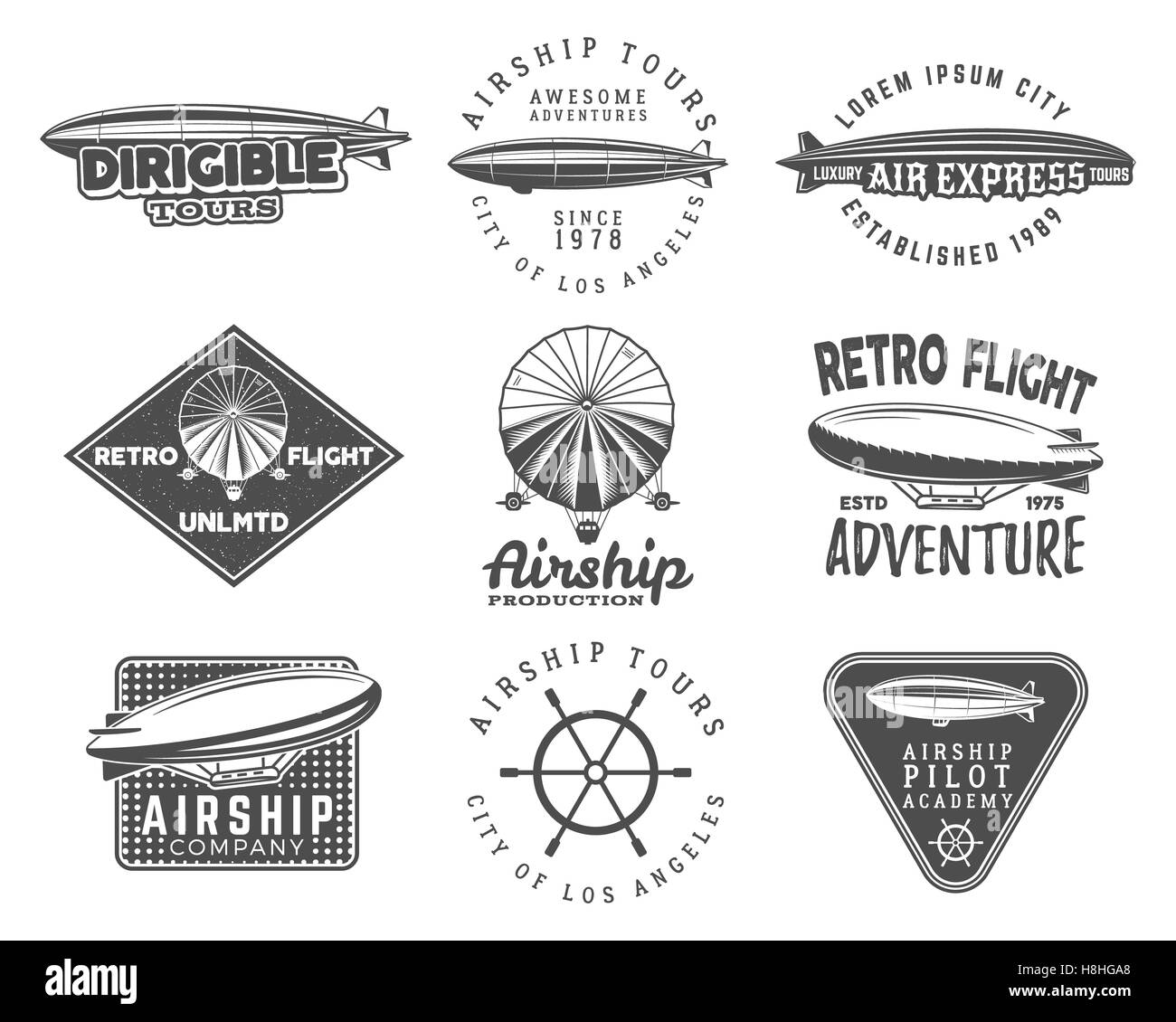 Vintage Luftschiff-Logo-Designs gesetzt. Retro-Luftschiff Abzeichen Sammlung. Flugzeug-Label-Design. Alten Stil skizzieren. Verwenden Sie als Fliege Logos, Beschriftungen, Stempel, Patches für Web oder t-Shirt, t-shirt Stockfoto