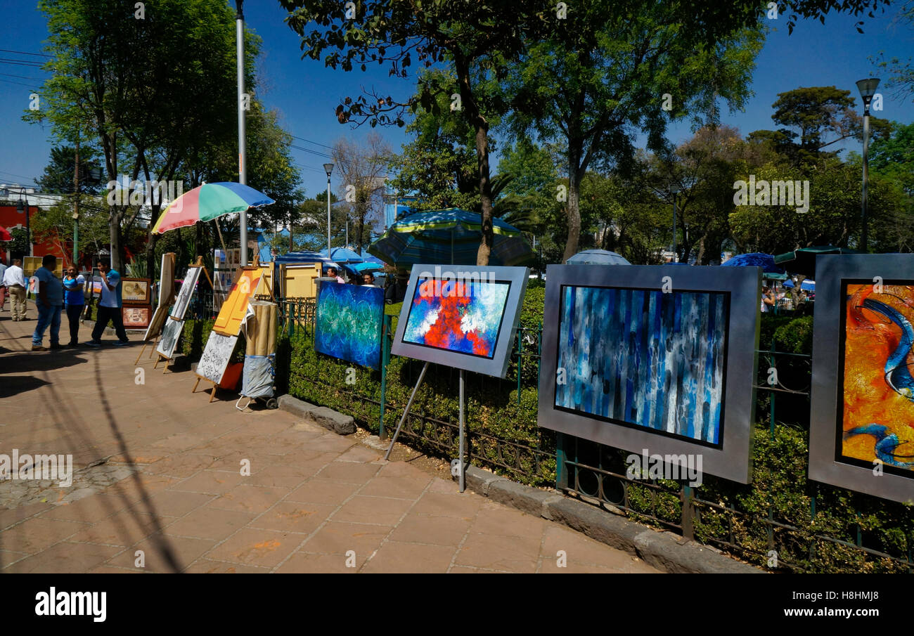 San Angel Nachbarschaft Kunstwerk Ausstellung in Mexico City, Mexiko. Plaza San Jacinto Stockfoto