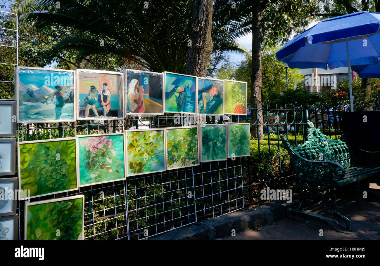 San Angel Nachbarschaft Kunstwerk Ausstellung in Mexico City, Mexiko. Plaza San Jacinto Stockfoto