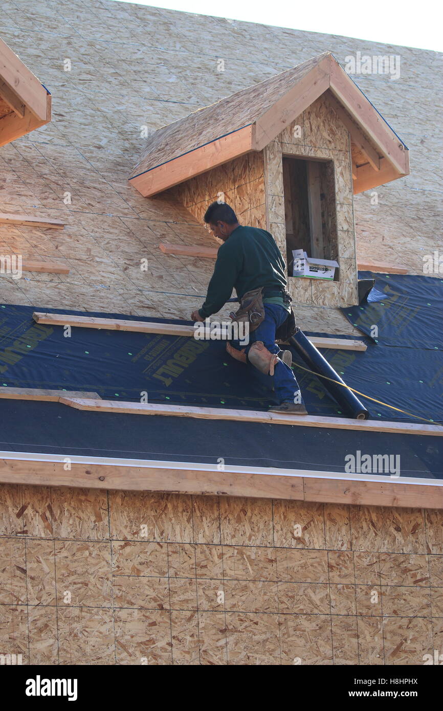 Mann Dachdecker Festlegung Teerpappe auf ein neues Dach Stockfoto