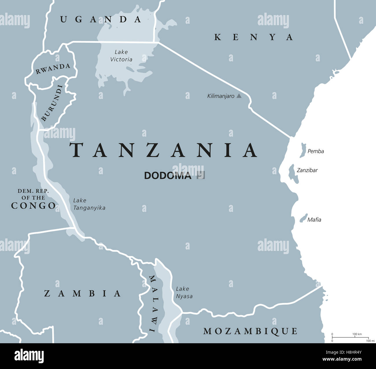 Politische Landkarte Tansania mit Hauptstadt Dodoma, Landesgrenzen, Inseln Sansibar, Pemba und Nachbar Ländern. Stockfoto